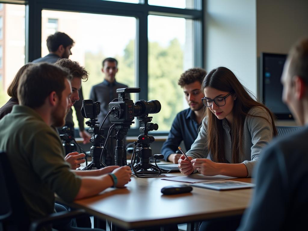 Estudiantes de videografía aprendiendo con equipos profesionales